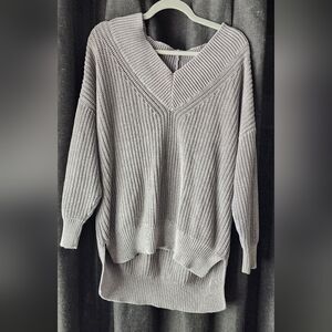Aerie Ribbed Knit Sweater Large | Gray Cozy Long Sleeve Wide Neck Pullover
